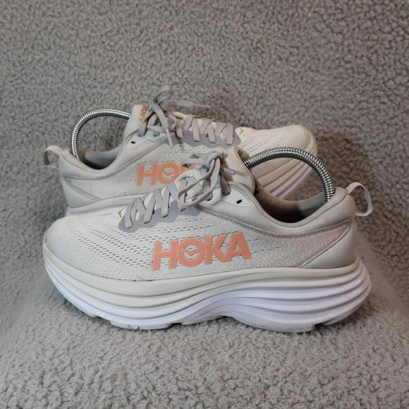 Hoka One Bondi 8.5B White Orange Womens Athletic Max Cushion - Picture 1 of 12